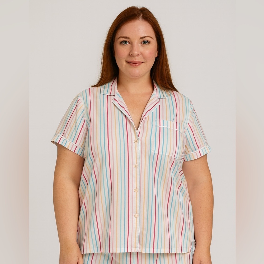 J.Crew Rainbow Striped Short Sleeves Button Down Shirt Top Pajama Plus XXL 2X